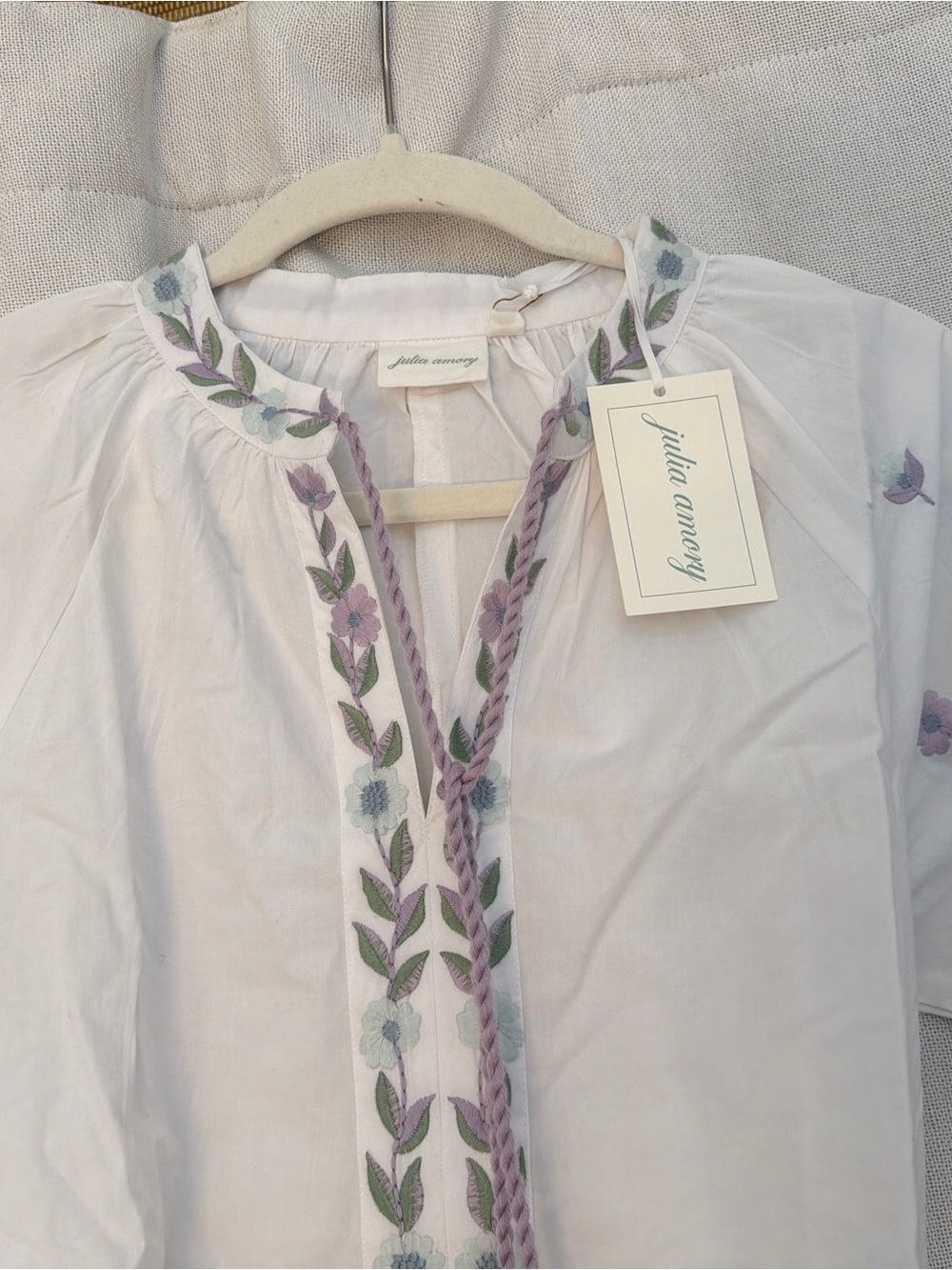 White Embroidered Midi Dress with Lavender and Sage Trim by Julia Amory